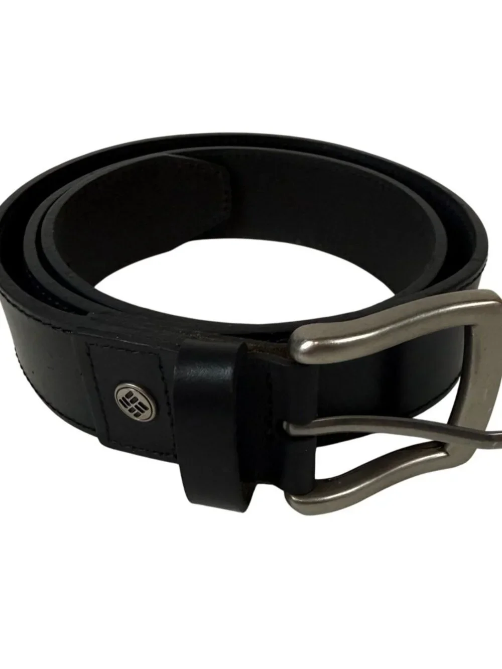 Columbia Mens Black Leather Belt Silver Buckle Size M 34-36 TABE
